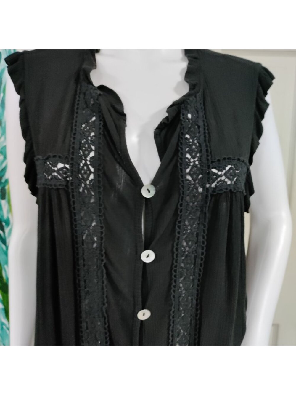 Made in Italy Whimsy Boho Black Lace MTrim Ruffle Button Up Sleeve Blouse - Picture 4 of 10